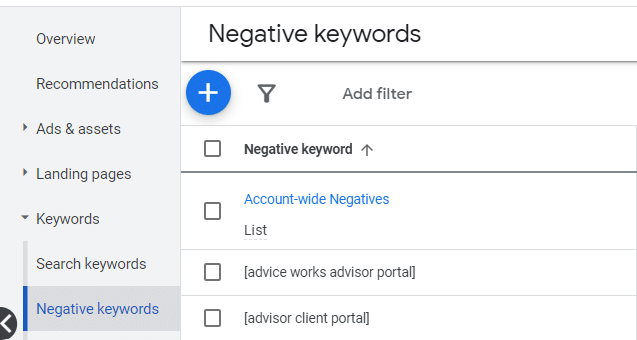 Negative keywords
