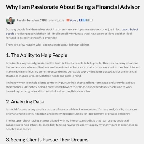 Passionate financial advisor post.