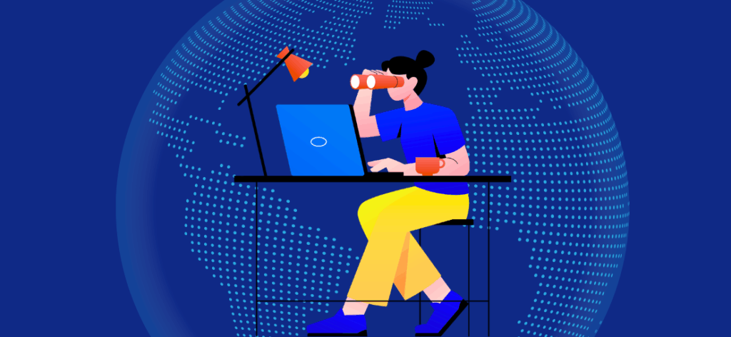A person looking through binoculars while sitting at her computer, signifying looking for digital marketing strategies for financial services.