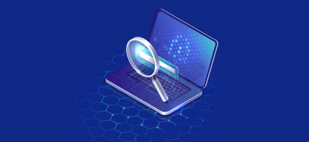 A magnifying glass over a computer indicating how most financial advisor websites are invisible to AI search tools.